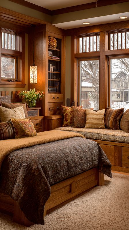 Craftsman bedroom with custom wood furniture
